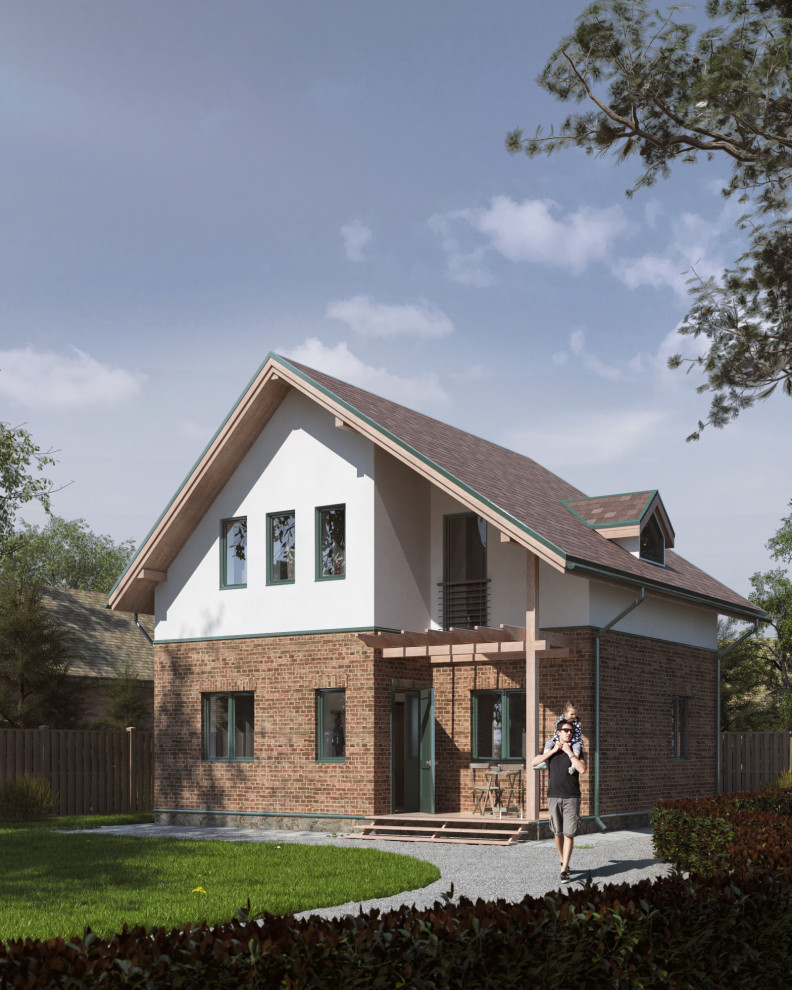 Пример оригинального дизайна: маленький, двухэтажный, коричневый частный загородный дом в стиле модернизм с комбинированной облицовкой, двускатной крышей и крышей из гибкой черепицы для на участке и в саду