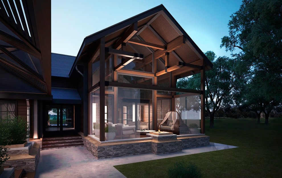 Свежая идея для дизайна: большой, двухэтажный, деревянный частный загородный дом в классическом стиле с черепичной крышей - отличное фото интерьера