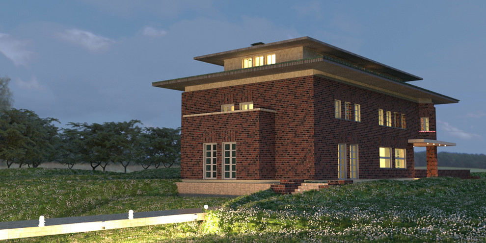 Пример оригинального дизайна: большой, трехэтажный, красный, кирпичный частный загородный дом в стиле лофт с металлической крышей и вальмовой крышей