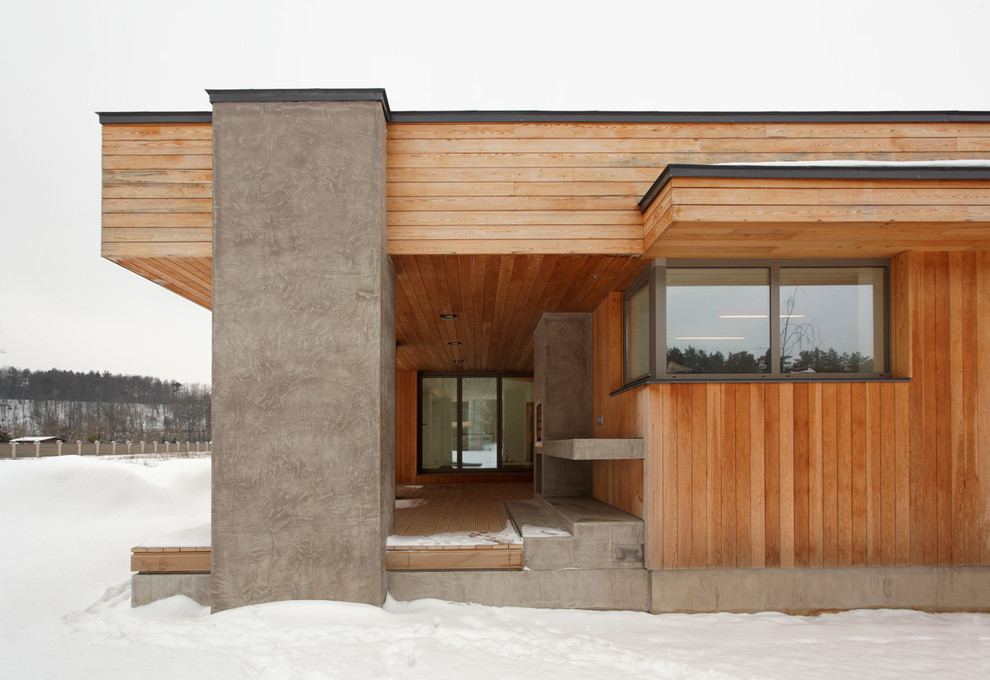 Ispirazione per la facciata di una casa beige contemporanea a un piano con rivestimento in legno e tetto piano