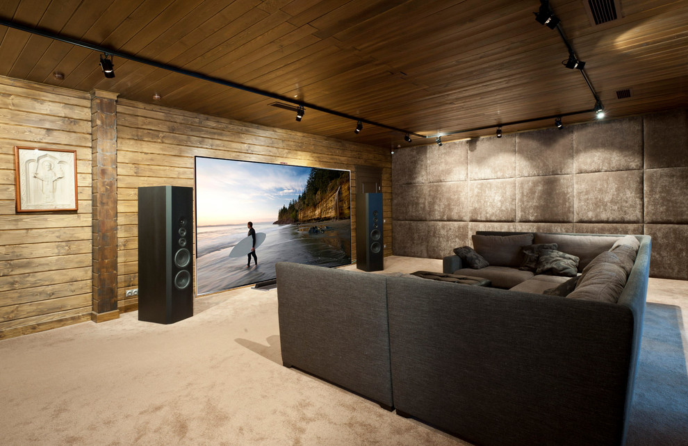 Diseño de cine en casa contemporáneo con moqueta y suelo beige