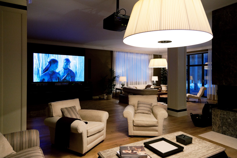 Transitional home theater photo in Moscow with a projector screen