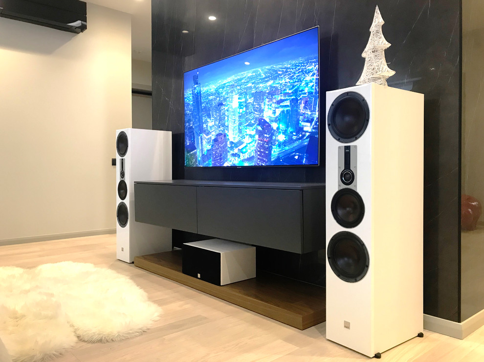 Home theater - mid-sized home theater idea in Moscow with a wall-mounted tv