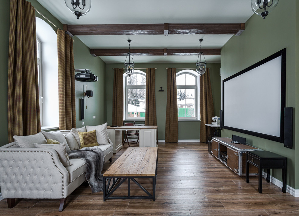 Mid-sized elegant porcelain tile and brown floor home theater photo in Moscow with green walls and a projector screen