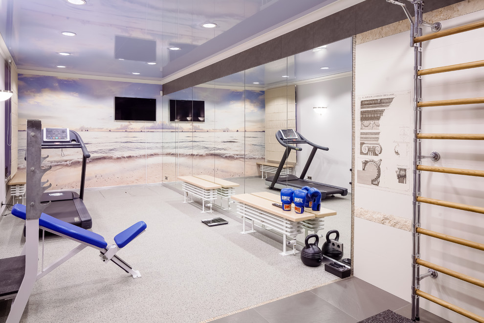 Home weight room - traditional home weight room idea in Moscow with white walls