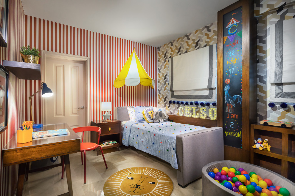 Kids' bedroom - contemporary gray floor and wallpaper kids' bedroom idea in Other with multicolored walls