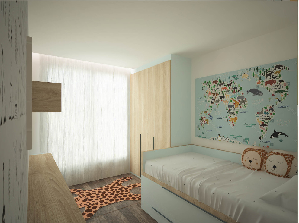 Exemple d'une grande chambre d'enfant moderne avec un sol en carrelage de porcelaine et un sol marron.