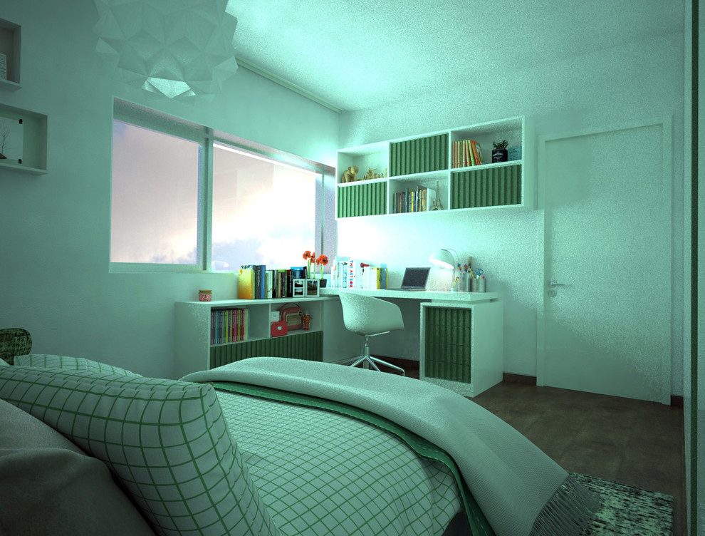 Großes Modernes Mädchenzimmer mit Schlafplatz, weißer Wandfarbe und Porzellan-Bodenfliesen in Sonstige