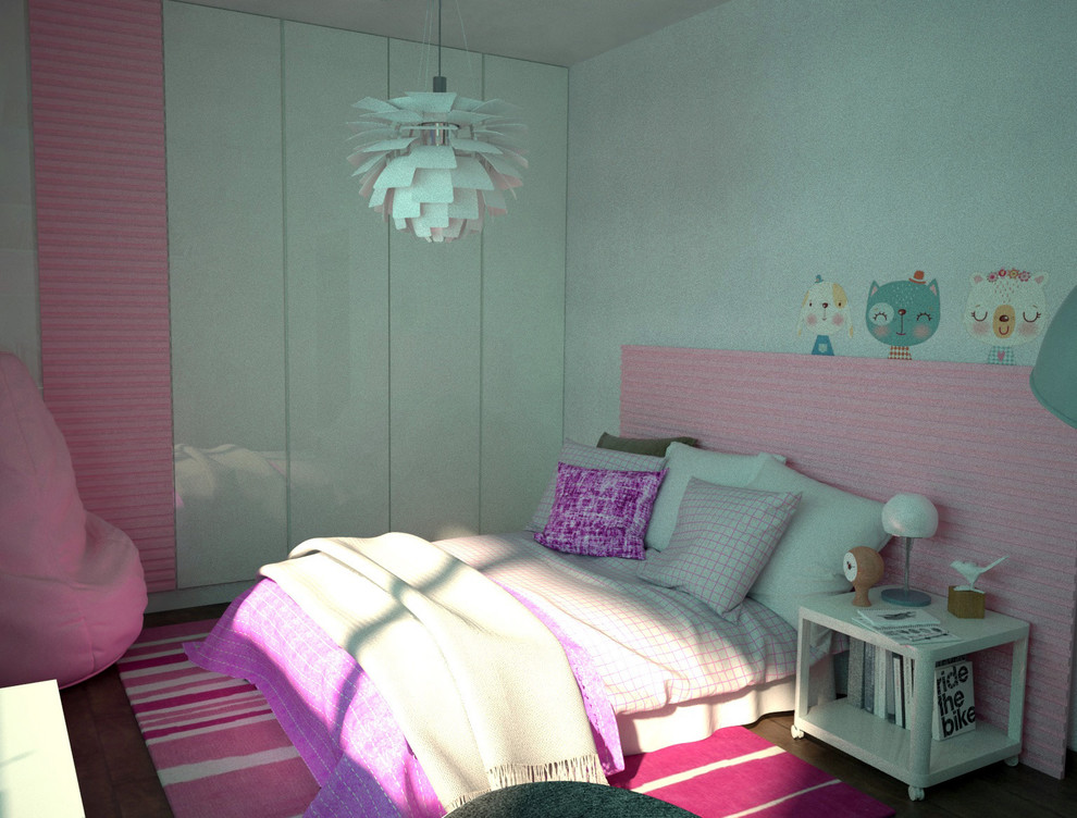 Example of a large minimalist girl porcelain tile kids' room design in Other with white walls