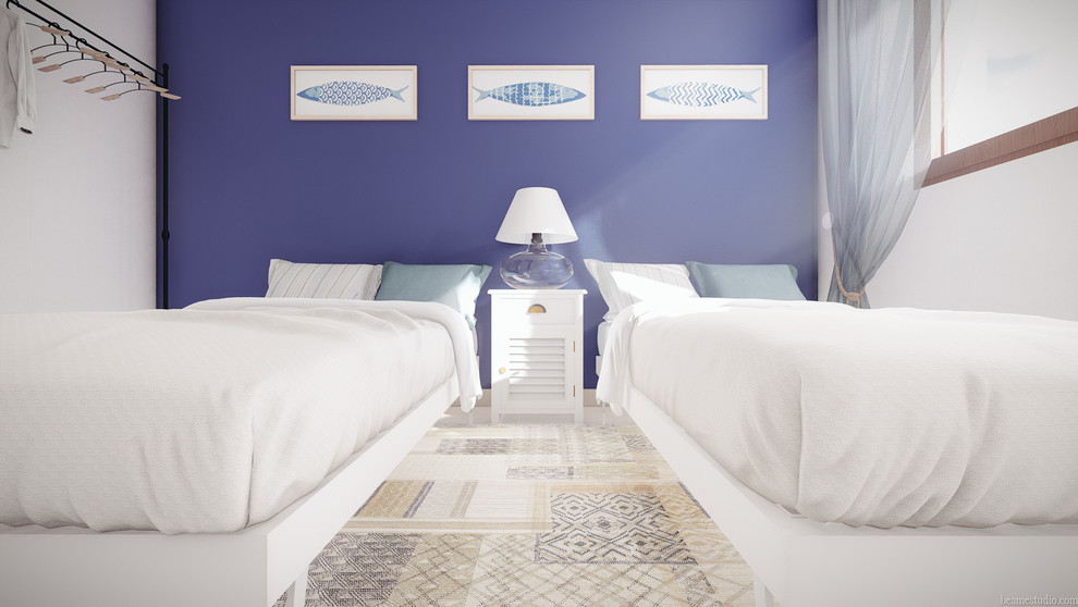 Mittelgroßes, Neutrales Mediterranes Kinderzimmer mit Schlafplatz, blauer Wandfarbe, Keramikboden und beigem Boden in Sonstige