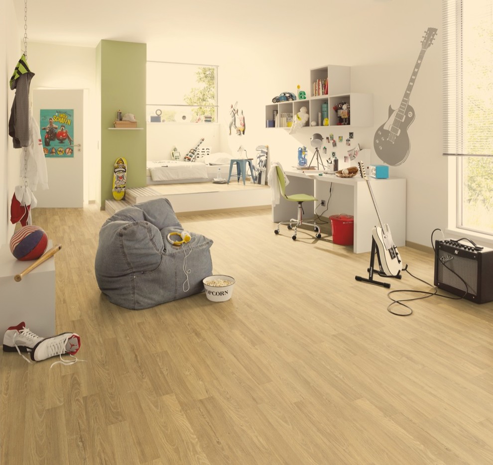 Design ideas for a large contemporary teen’s room for boys in Other with white walls and medium hardwood flooring.