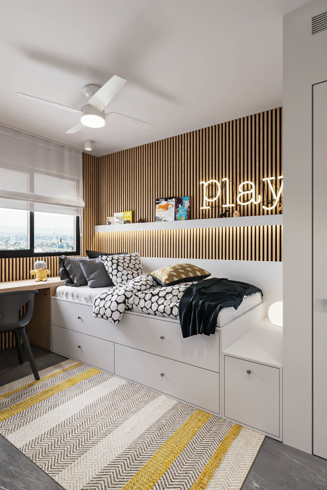 Foto di una piccola cameretta per bambini da 1 a 3 anni moderna con pareti bianche, pavimento in gres porcellanato, pavimento grigio e pareti in legno