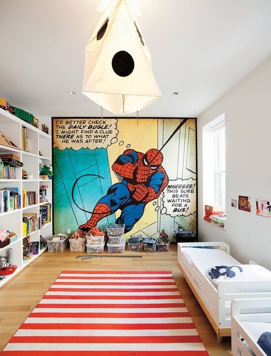 Inspiration for a large contemporary kids' bedroom for boys in Other with white walls and medium hardwood flooring.