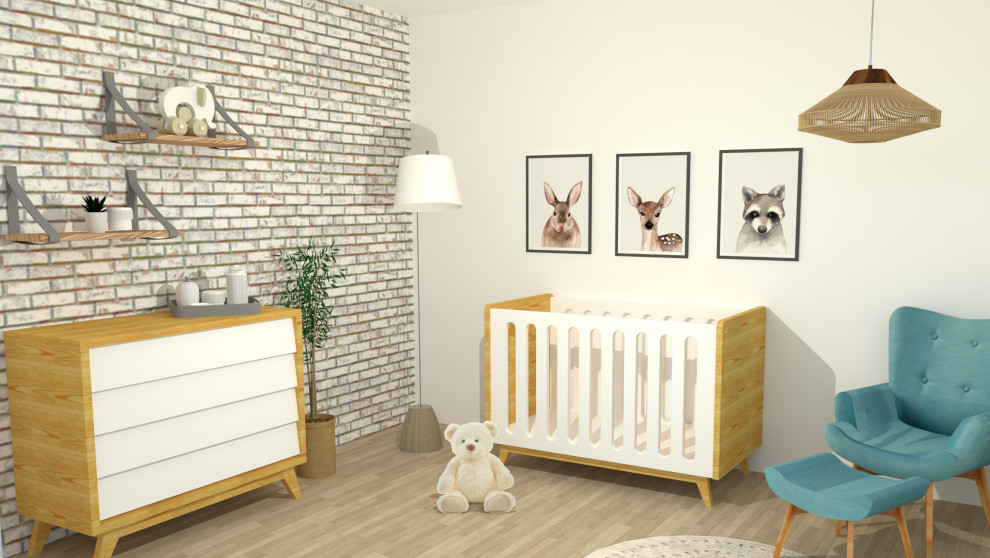 Esempio di una cameretta per bambini da 1 a 3 anni minimalista di medie dimensioni con pareti bianche, pavimento in laminato, pavimento marrone e carta da parati