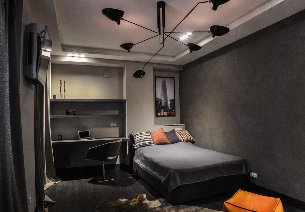Diseño de dormitorio principal actual de tamaño medio con paredes grises