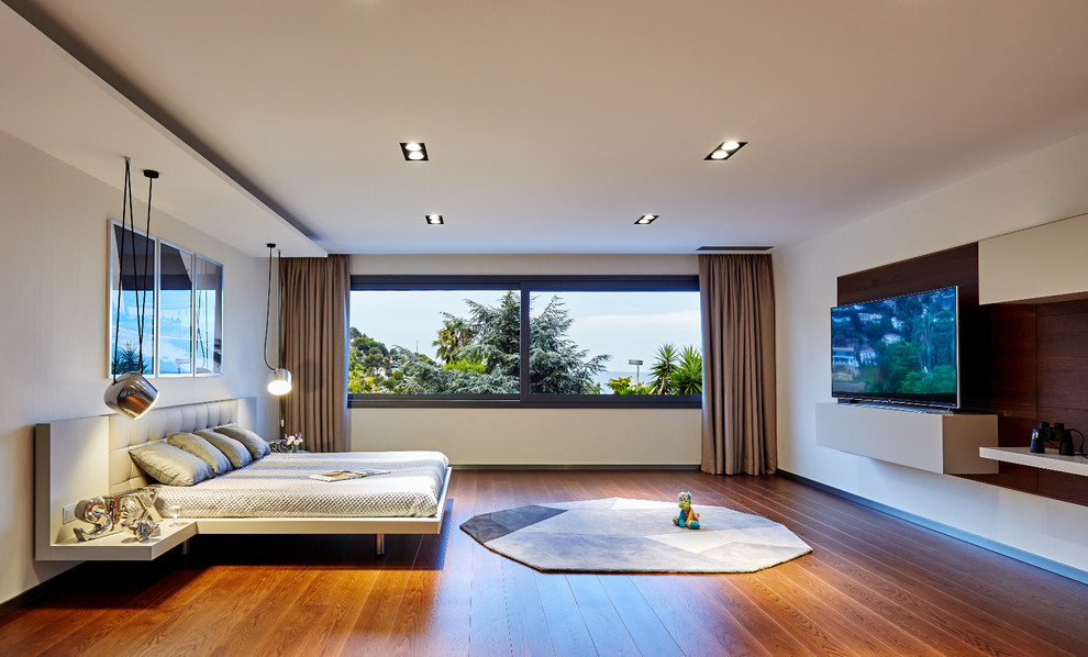 Photo of a large contemporary master bedroom in Other with white walls, dark hardwood flooring and no fireplace.