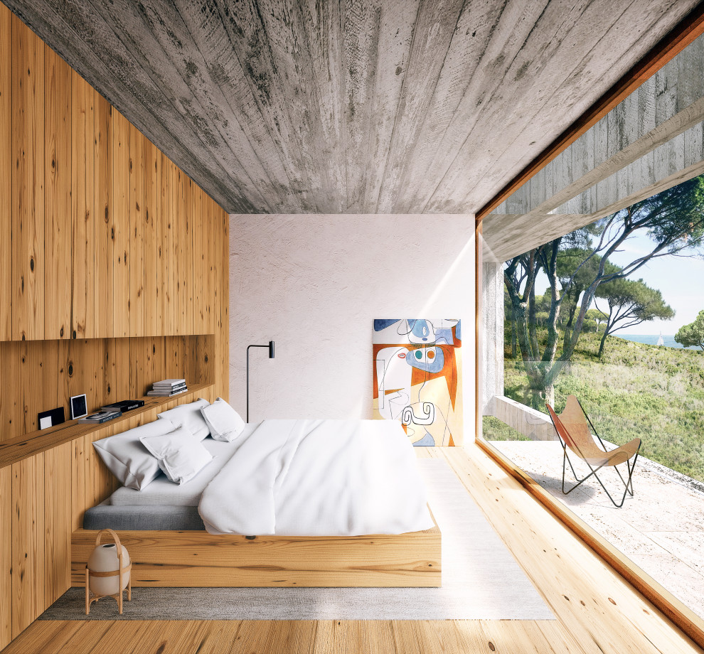 Идея дизайна: хозяйская спальня в стиле модернизм с белыми стенами, паркетным полом среднего тона, коричневым полом, балками на потолке и деревянными стенами