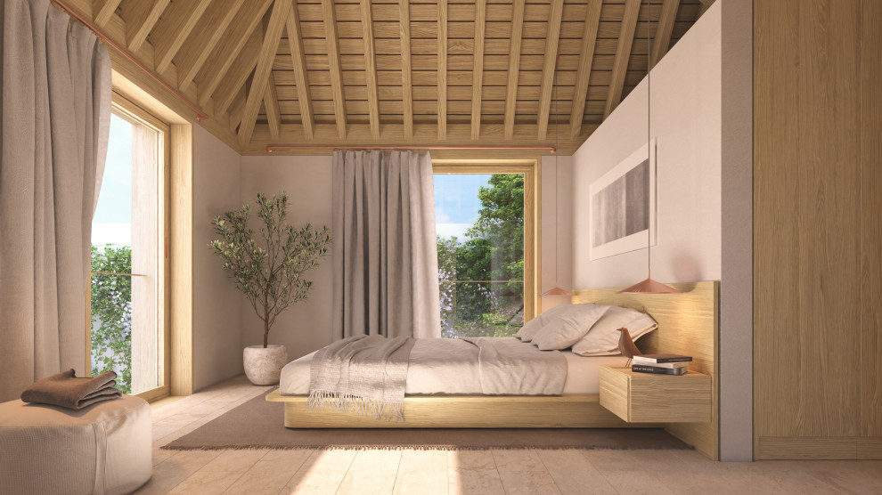 Modelo de dormitorio principal moderno de tamaño medio con paredes blancas, suelo de piedra caliza y suelo beige