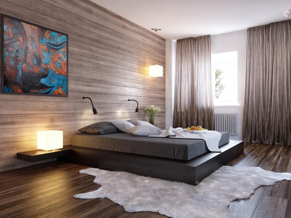 Photo of a large world-inspired master bedroom in Other with brown walls, dark hardwood flooring and no fireplace.
