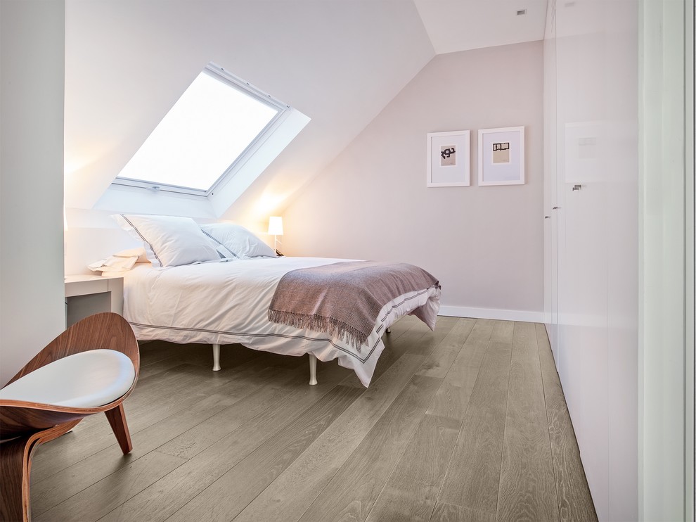 Inspiration for a medium sized scandinavian master loft bedroom in Madrid with beige walls, medium hardwood flooring and no fireplace.