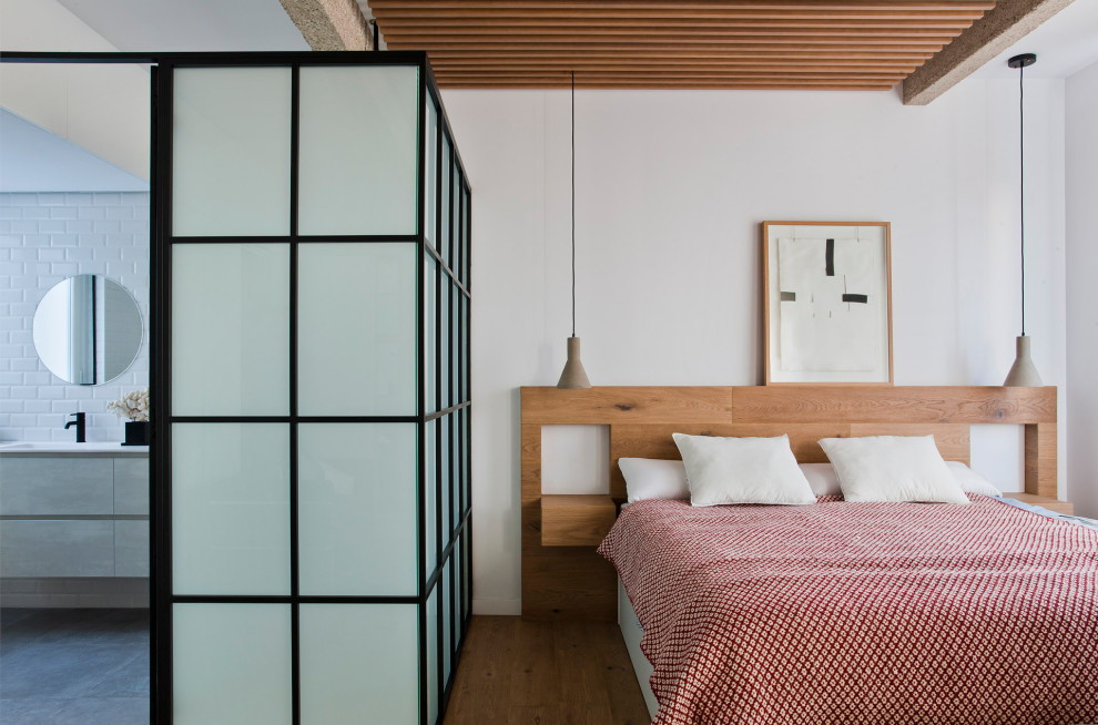 Photo of a contemporary bedroom in Other with a wood ceiling.