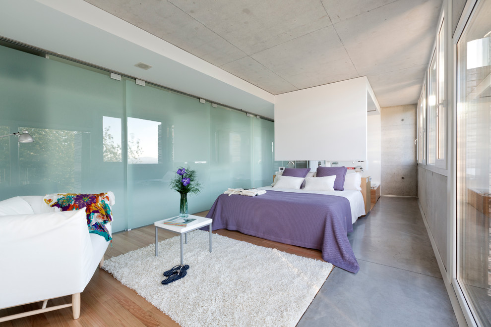 Ejemplo de dormitorio principal contemporáneo grande con paredes grises y suelo de madera clara