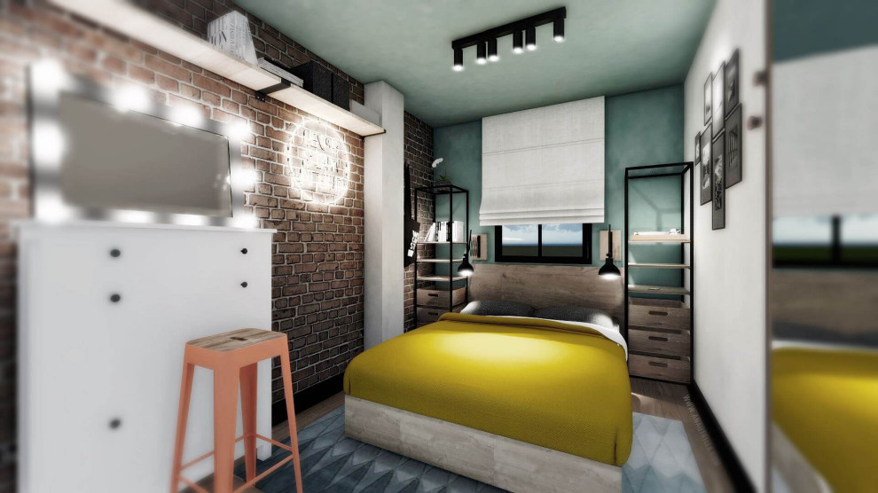 マドリードにある小さなインダストリアルスタイルのおしゃれな主寝室 (緑の壁、無垢フローリング、茶色い床、レンガ壁) のインテリア