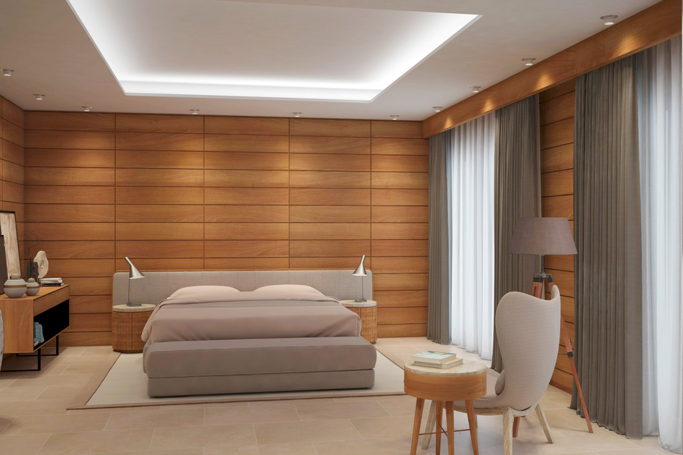 Источник вдохновения для домашнего уюта: большая хозяйская спальня в современном стиле с коричневыми стенами, полом из керамической плитки и бежевым полом