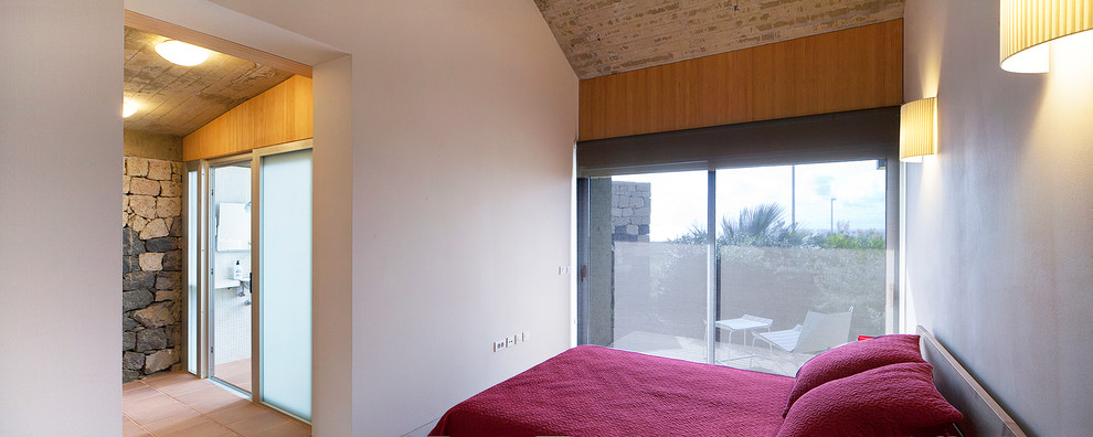 Источник вдохновения для домашнего уюта: хозяйская спальня среднего размера в современном стиле с бежевыми стенами и полом из терракотовой плитки без камина