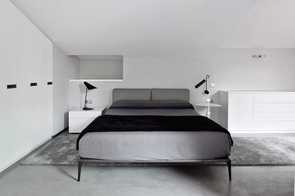 Идея дизайна: хозяйская спальня среднего размера в современном стиле с белыми стенами без камина