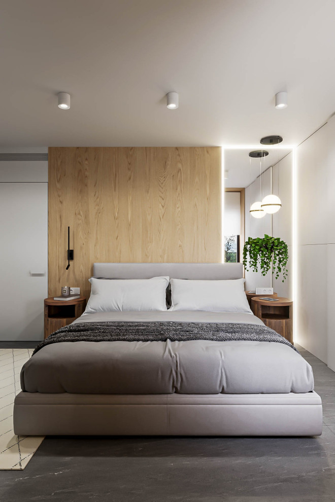 Inspiration for a medium sized modern master bedroom in Valencia with white walls, porcelain flooring, grey floors and wood walls.