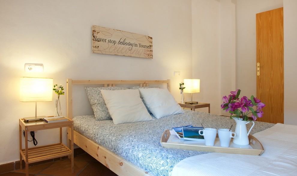 Источник вдохновения для домашнего уюта: хозяйская спальня среднего размера в стиле кантри с белыми стенами без камина