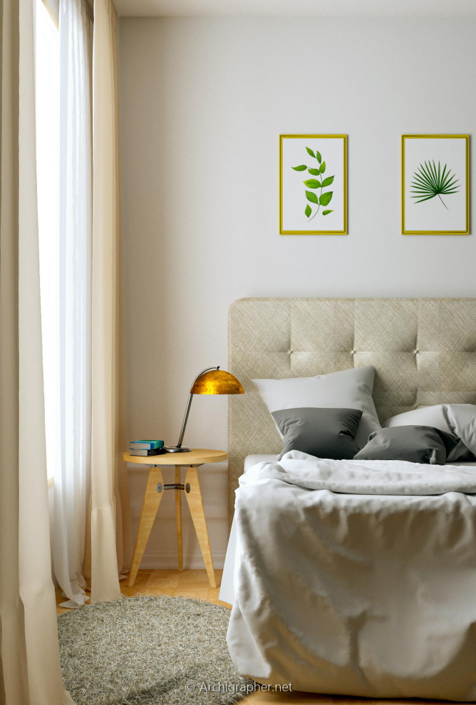 Aménagement d'une petite chambre parentale contemporaine avec un mur blanc, parquet clair et un sol marron.