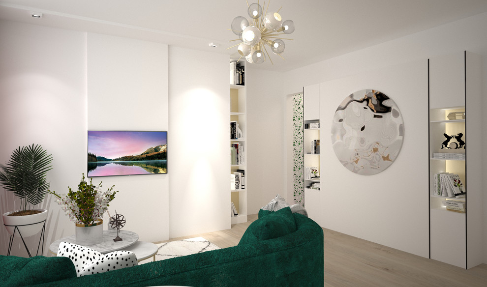 マドリードにある小さなトロピカルスタイルのおしゃれな主寝室 (白い壁、淡色無垢フローリング、茶色い床) のレイアウト