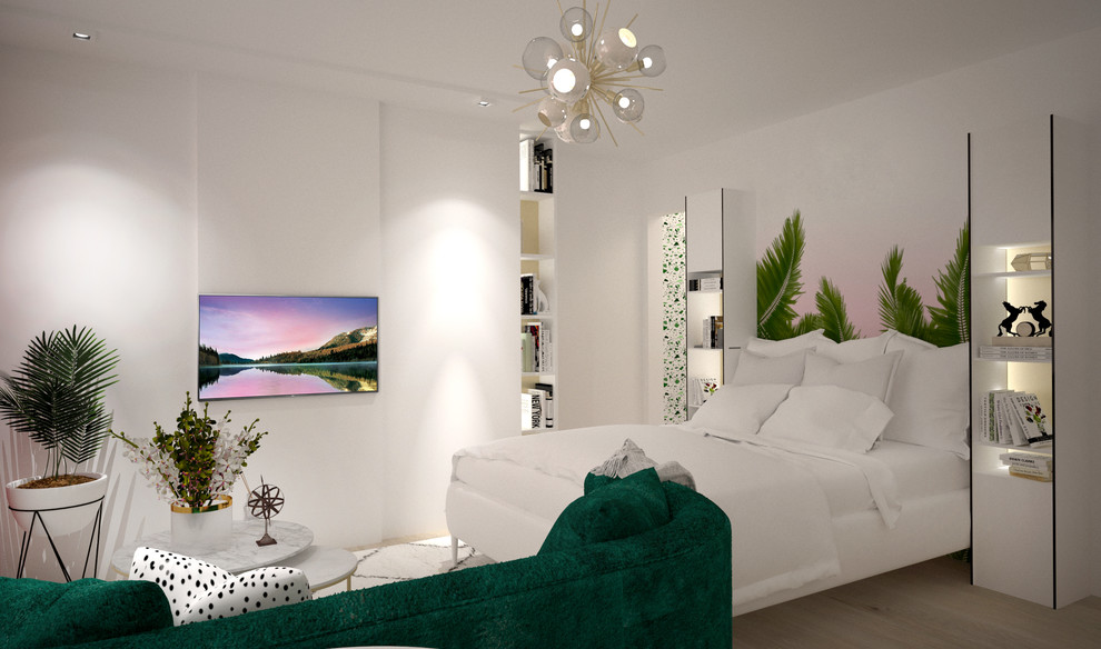 Immagine di una piccola camera matrimoniale tropicale con pareti bianche, parquet chiaro e pavimento marrone