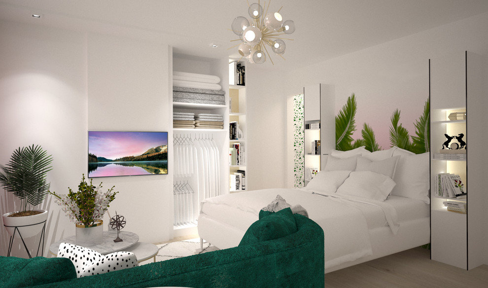 Imagen de dormitorio principal tropical pequeño con paredes blancas, suelo de madera clara y suelo marrón