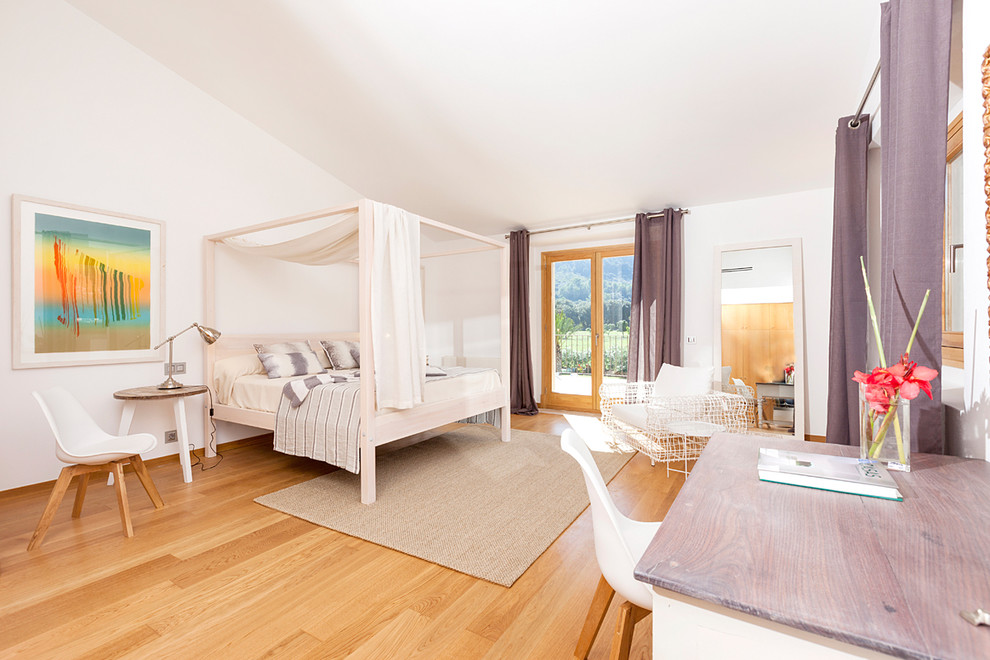 Diseño de habitación de invitados ecléctica grande sin chimenea con paredes blancas y suelo de madera en tonos medios