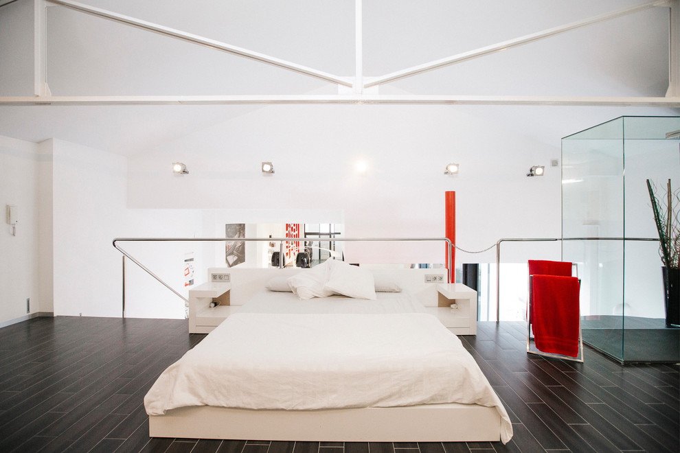 Свежая идея для дизайна: большая спальня на антресоли в современном стиле с белыми стенами без камина - отличное фото интерьера