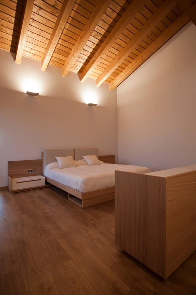 Ejemplo de dormitorio tipo loft actual grande sin chimenea con paredes blancas y suelo de madera en tonos medios