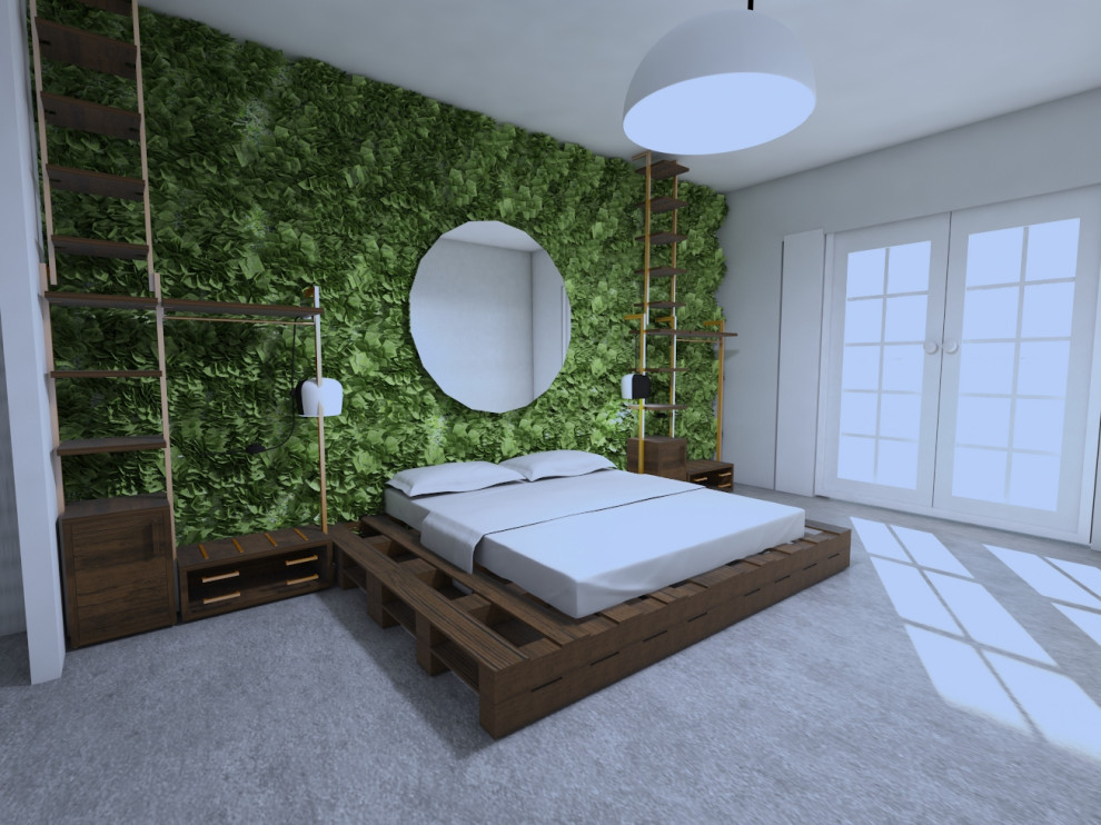 Immagine di una piccola camera matrimoniale industriale con pareti verdi, pavimento in cemento, nessun camino e pavimento grigio