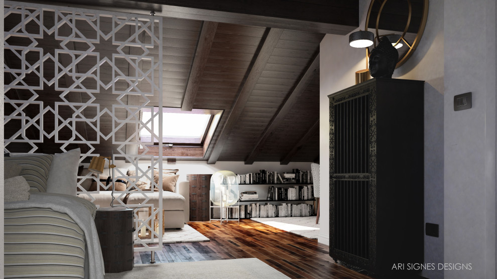 Foto de dormitorio grande con paredes blancas, estufa de leña, marco de chimenea de metal y suelo marrón