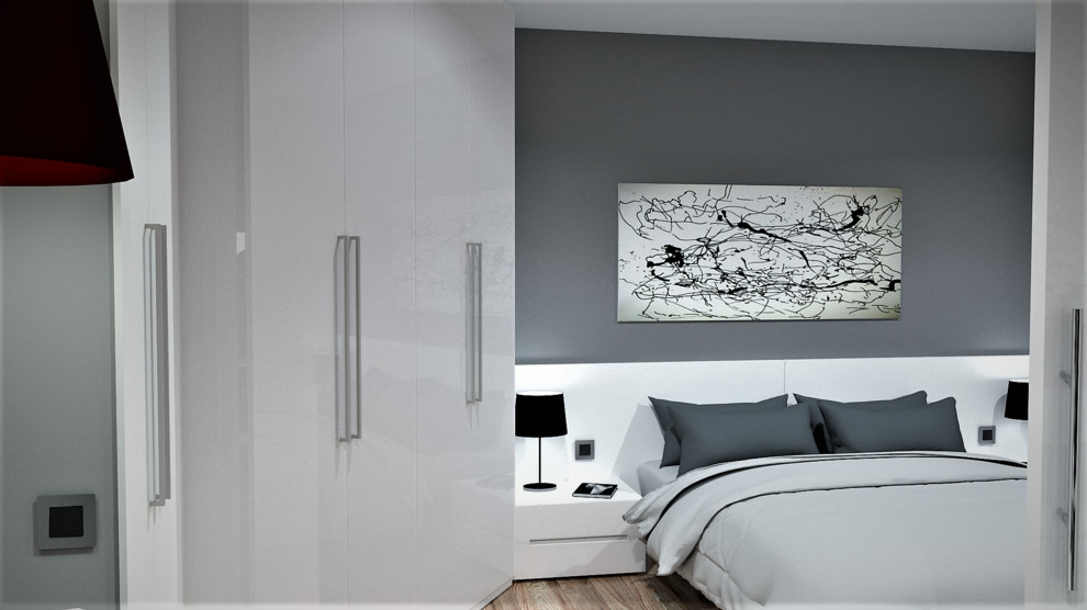 Example of a mid-sized minimalist master light wood floor bedroom design in Other with gray walls