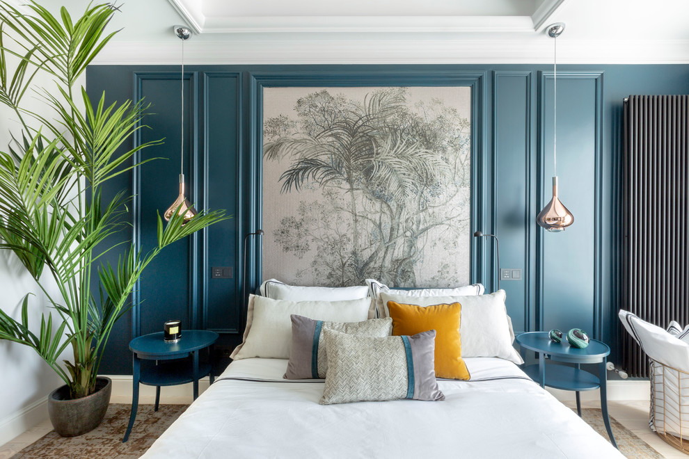 Foto di una camera degli ospiti design con pareti blu