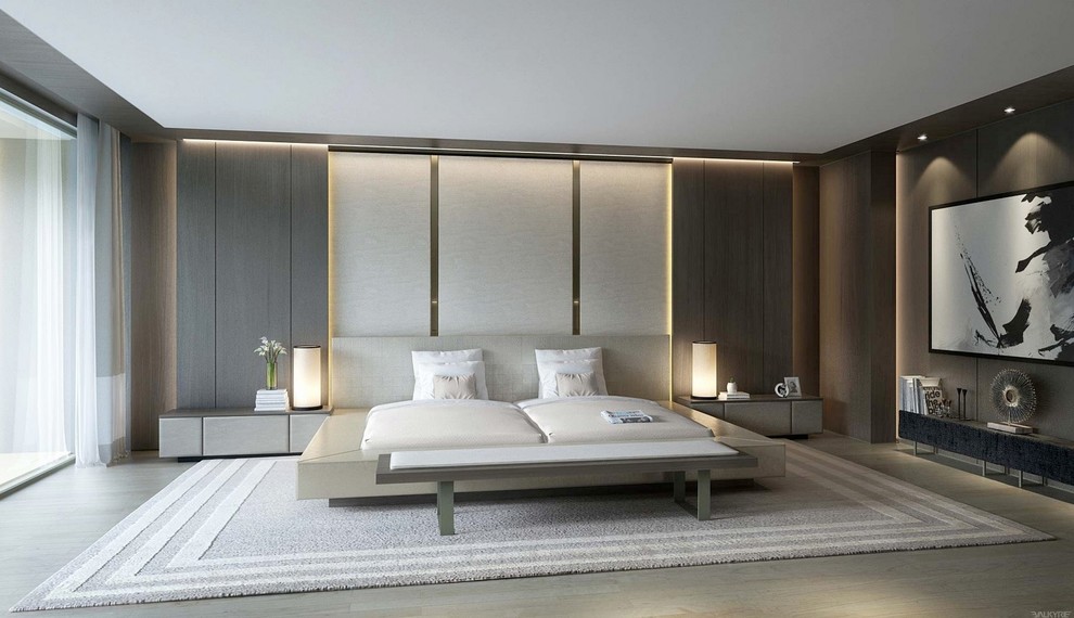 マドリードにある広いコンテンポラリースタイルのおしゃれな主寝室 (茶色い壁) のレイアウト