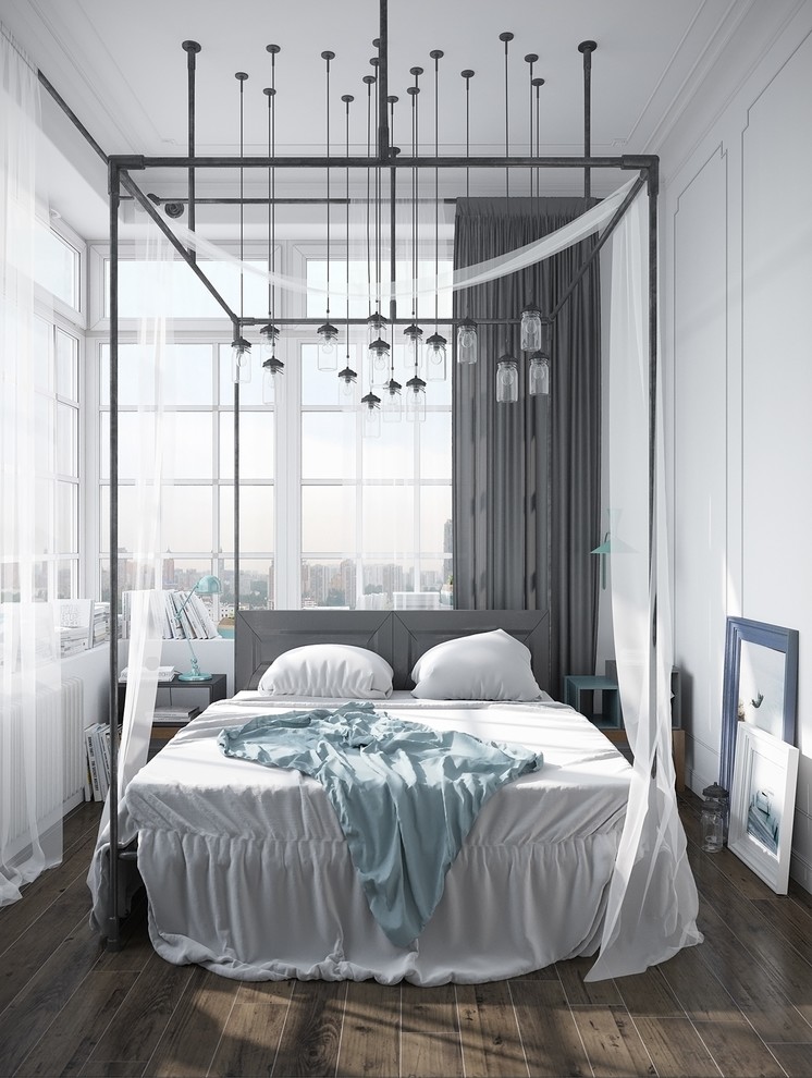 Foto de dormitorio principal nórdico de tamaño medio sin chimenea con paredes blancas y suelo de madera oscura