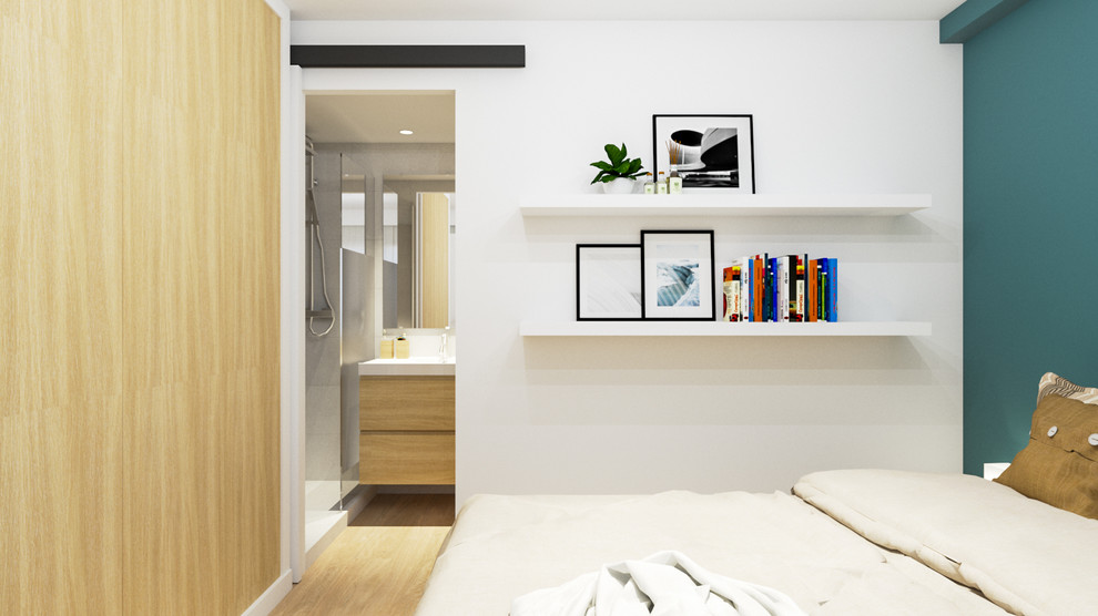 Ejemplo de dormitorio principal escandinavo pequeño con paredes verdes, suelo de baldosas de porcelana y suelo marrón
