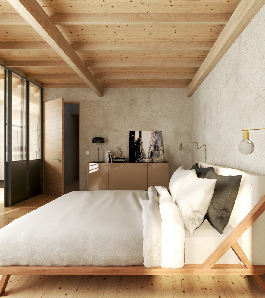 Idee per una grande camera matrimoniale scandinava con pavimento in legno massello medio, pavimento marrone e soffitto in legno