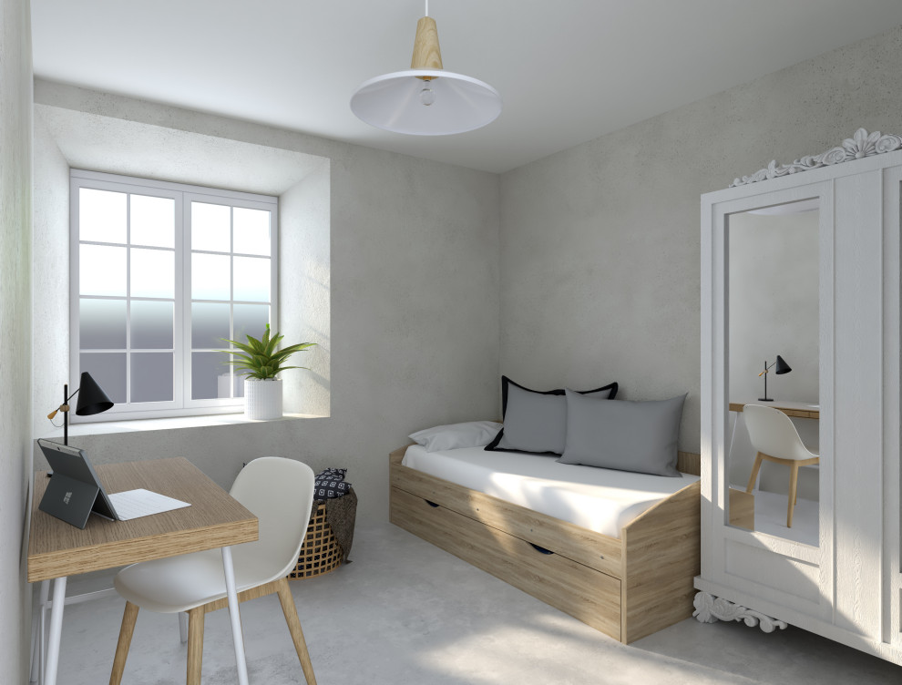 Aménagement d'une petite chambre scandinave avec sol en béton ciré et un sol gris.