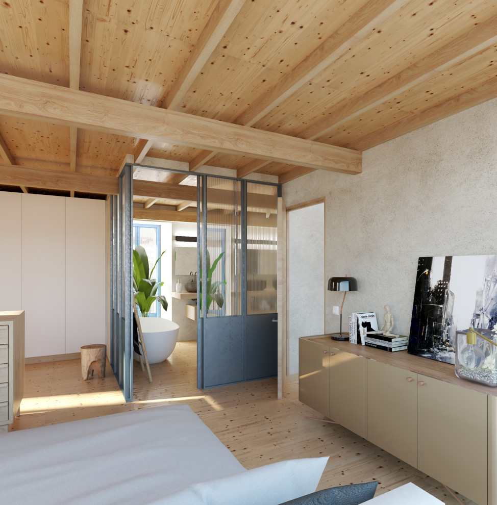 Cette photo montre une grande chambre parentale scandinave avec un sol en bois brun, un sol marron et un plafond en bois.