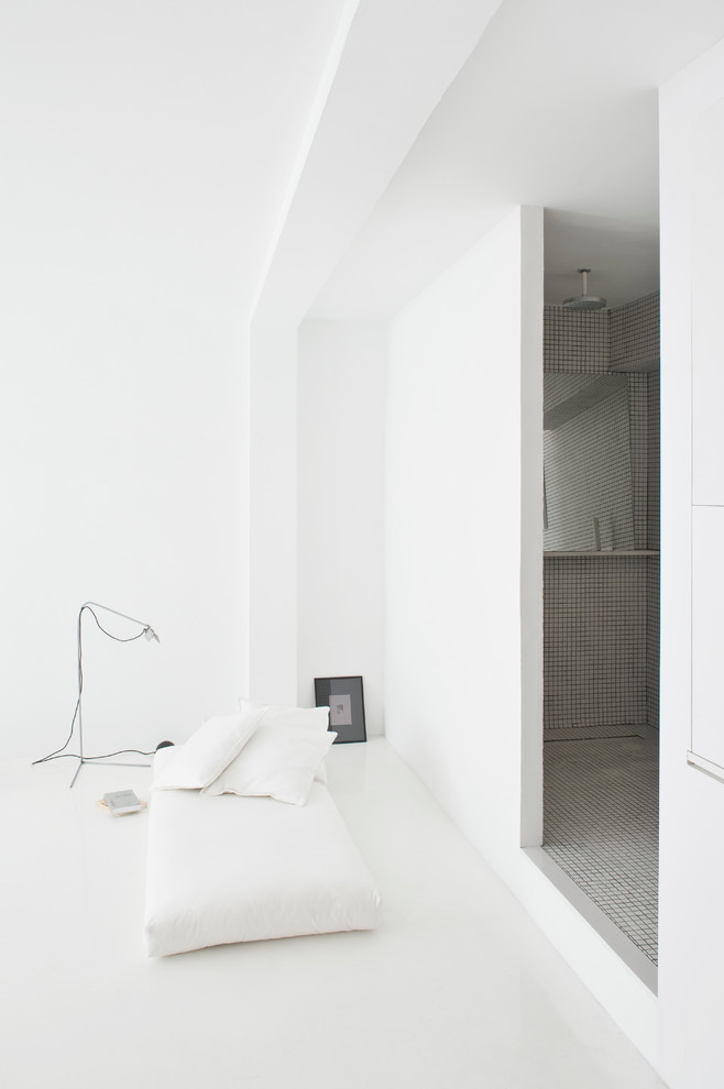 Ispirazione per una camera degli ospiti design di medie dimensioni con pareti bianche e nessun camino